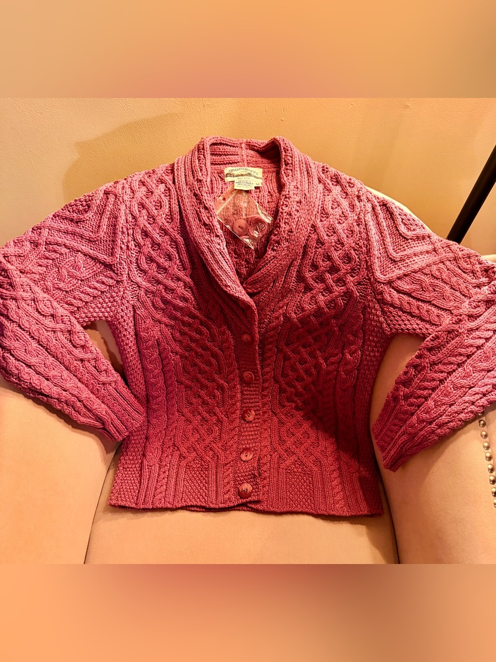 Aran Crafts Merino Wool V-Neck Button Front Shawl-Collar Cardigan, Plum - Medium
